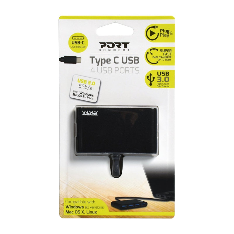 Port USB Type-C to 4 x USB3.0 5Gbps 30cm 4 Port Hub - Black-0