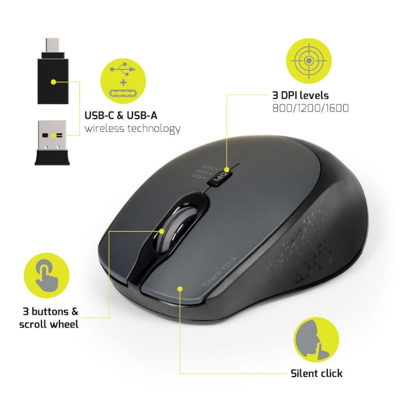 Port Connect Silent 1600DPI 3 Button Wireless Mouse - Black-2