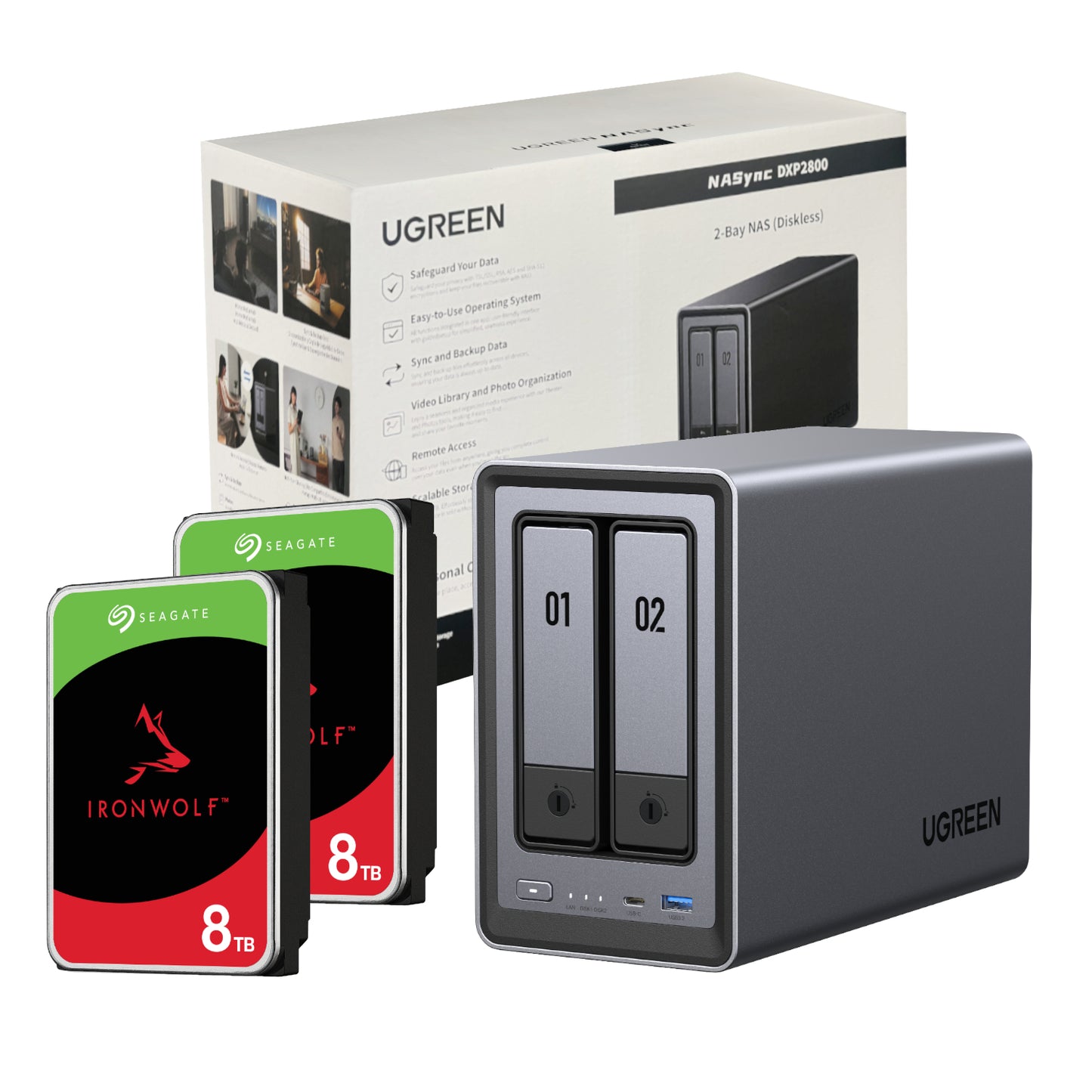 UGreen NASync DXP2800 2 Bay NAS with Seagate Ironwolf NAS 16TB SATA Hard Drive Bundle (2x 8TB)-0