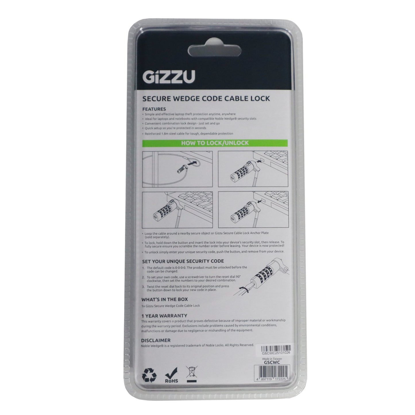 Gizzu Secure Wedge Code Cable Lock 1.8m-2