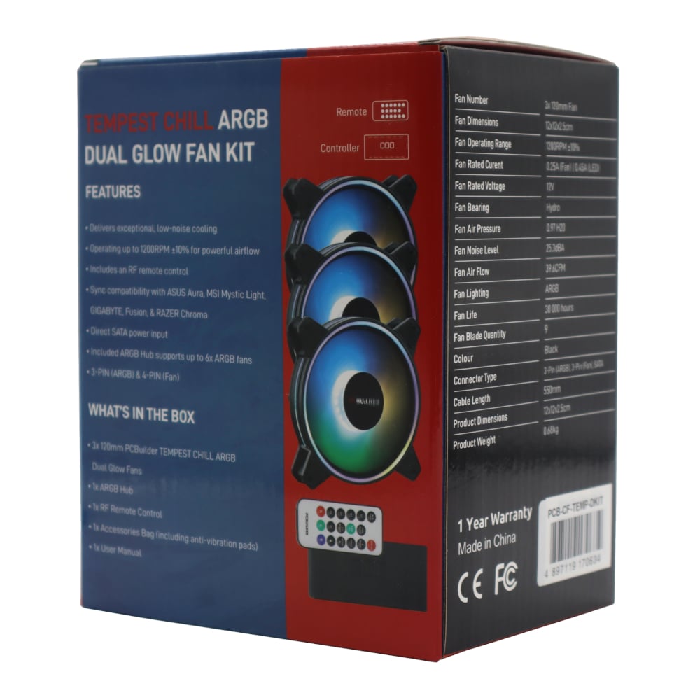 PCBuilder Tempest Chill Fan Kit 3x120MM Dual Glow ARGB Fan + Controller + RF Remote-3