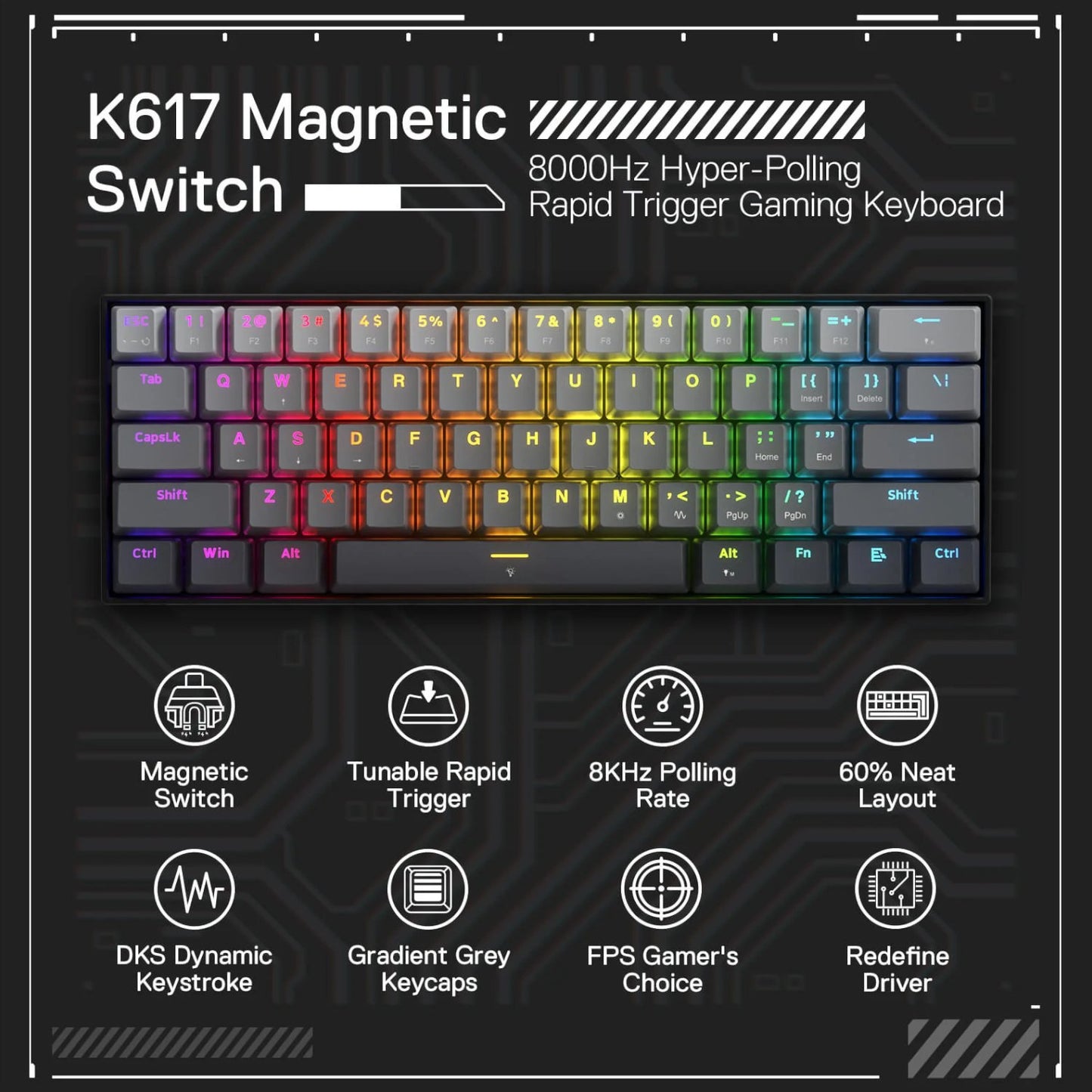 Redragon K617 FIZZ Rapid Trigger 60% Magnet Hall Switch Wired RGB Gaming Keyboard-4